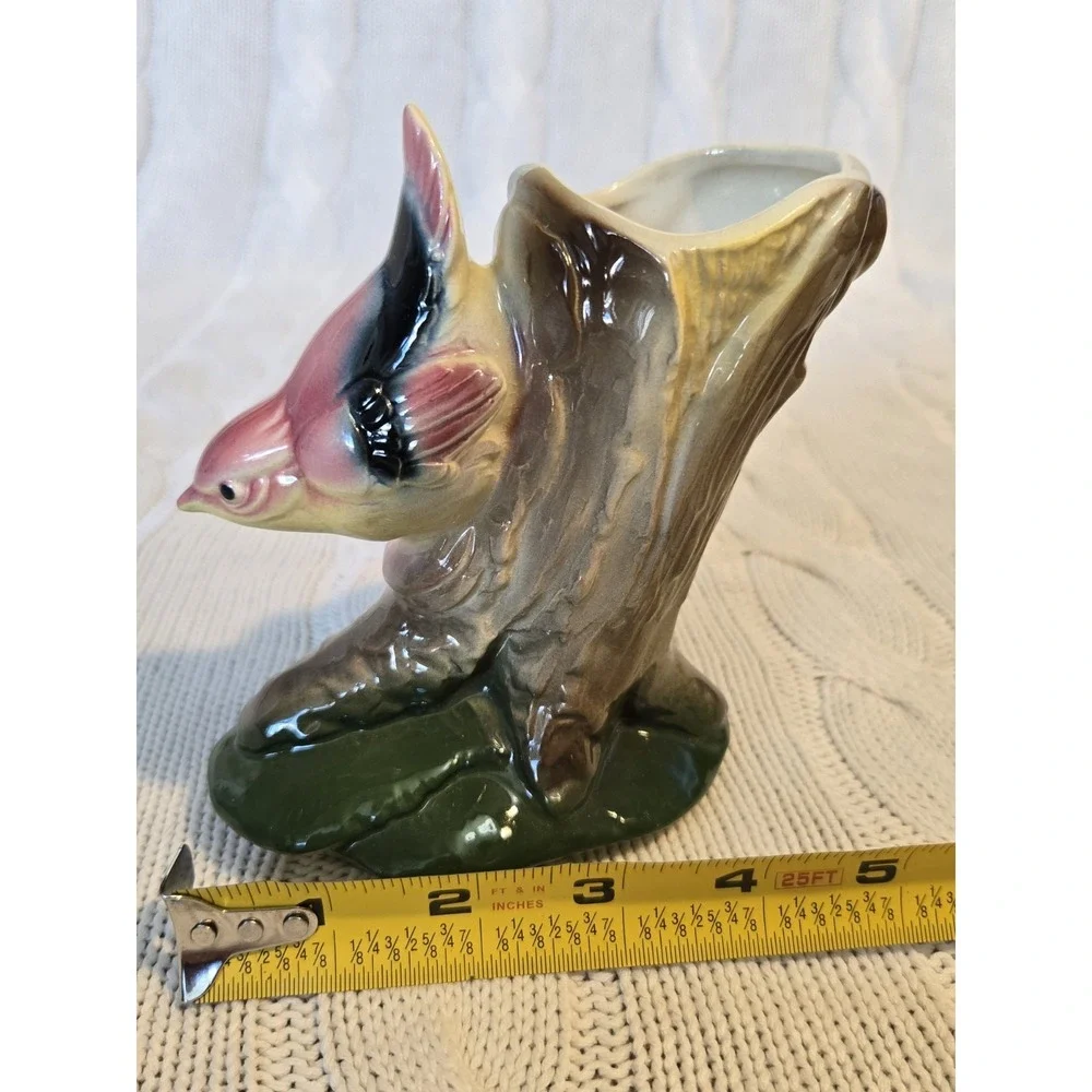 Vintage Royal Copley Hand Painted Pottery Nuthatch Like Bird On Branch Vase